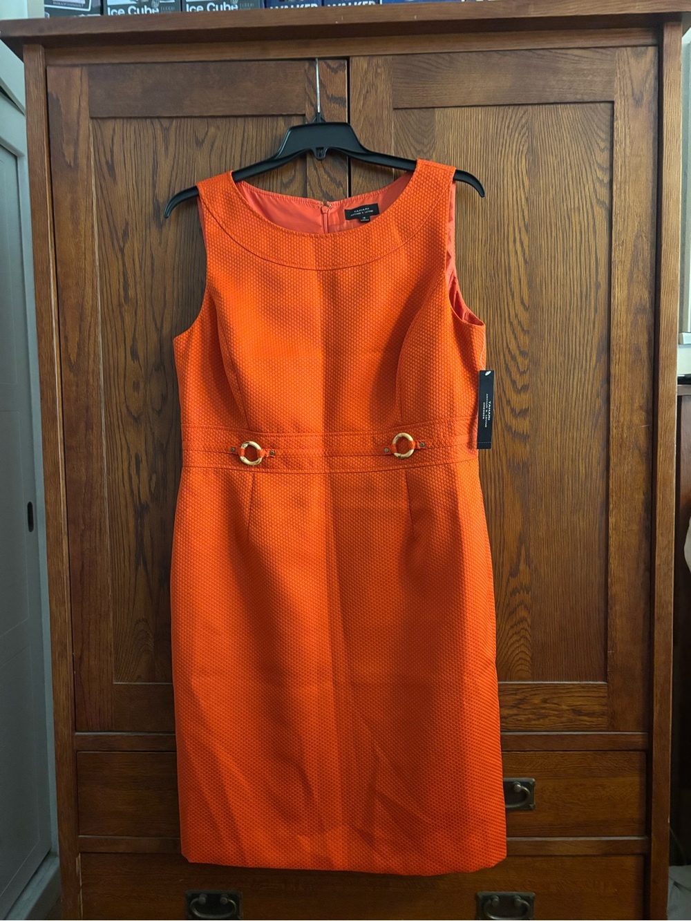 Sleeveless Orange Sheath Dress with Gold Accents